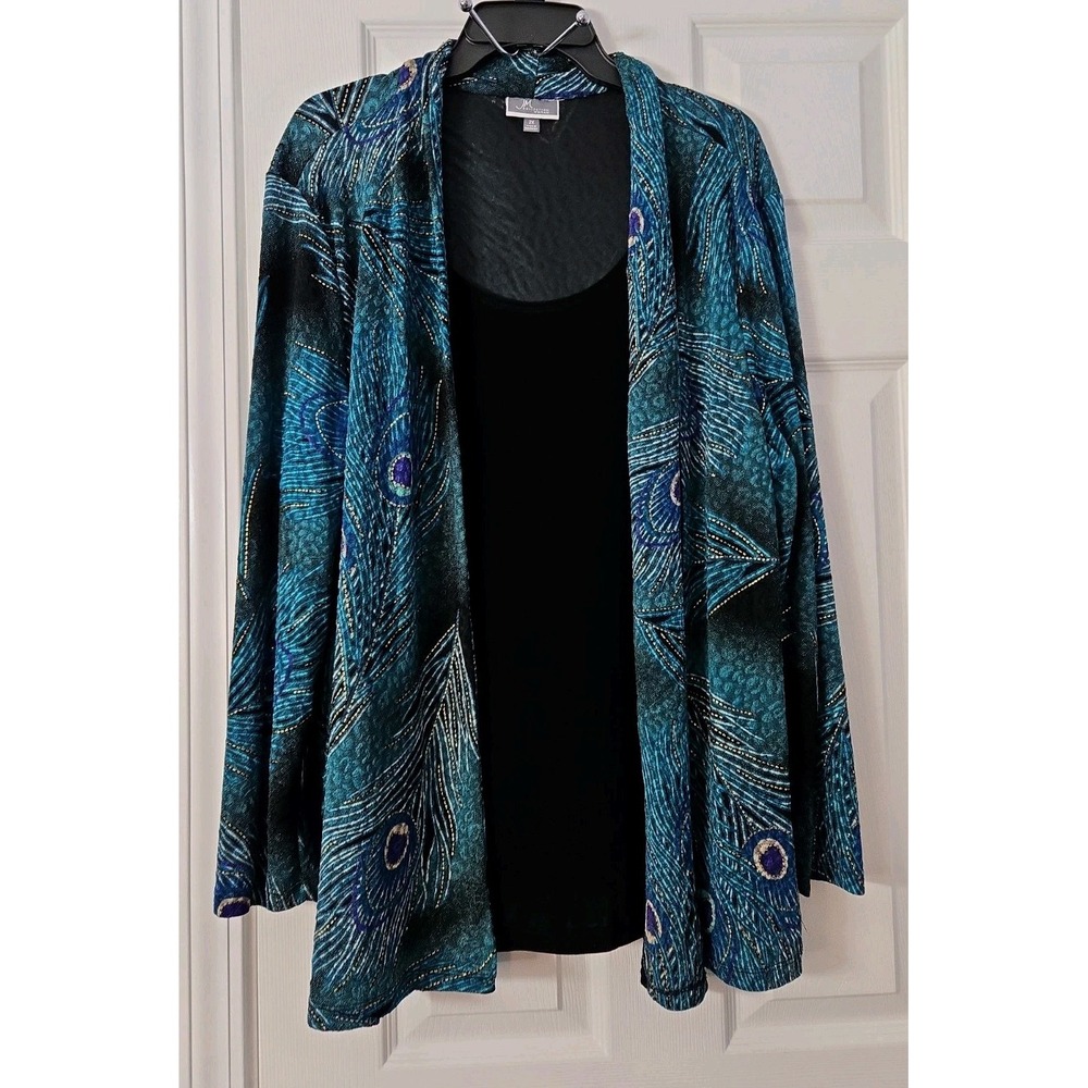 JM Collection Womans Plus Size Blouse Long Sleeve Size 2X Peacock Designs...